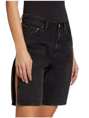 Agolde Vida Black Denim Shorts Womens 24 High Rise Relaxed Straight Raw Hem Side